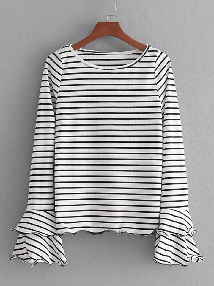 Romwe Tiered Flounce Sleeve Striped Top