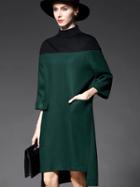 Romwe Green Black Stand Collar Length Sleeve Pockets High Low Dress