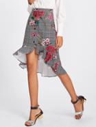 Romwe Button Up Ruffle Trim Mixed Print Skirt