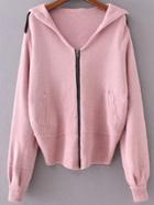 Romwe Pink Zipper Up Hooded Sweater Coat