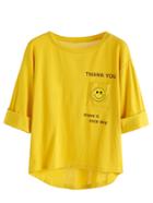 Romwe Yellow Smile Letters Print Dip Hem Cuffed T-shirt