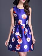 Romwe Blue Round Neck Sleeveless Floral Print Dress