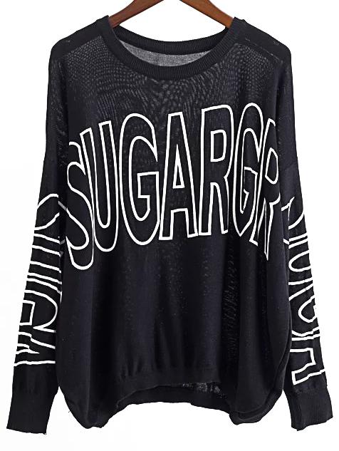 Romwe Black Letter Print Drop Shoulder Knitwear