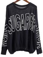 Romwe Black Letter Print Drop Shoulder Knitwear