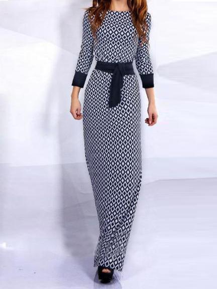 Romwe Blue White Diamondback Print Tie-waist Dress