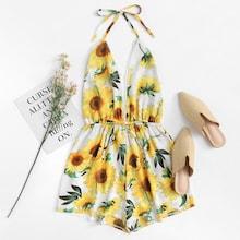 Romwe Sunflower Print Drawstring Waist Halter Romper