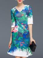 Romwe White V Neck Half Sleeve Print Fishtail Dress