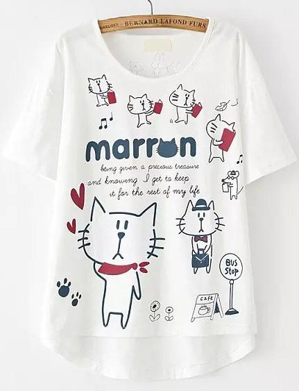 Romwe Dip Hem Cat Print White T-shirt