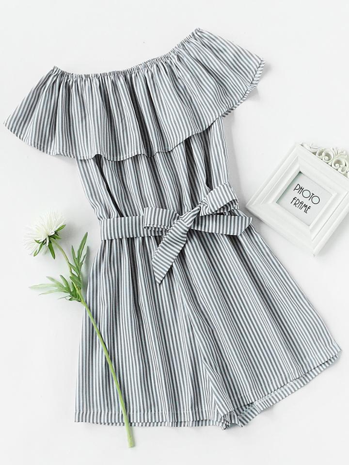 Romwe Frill Layered Self Tie Vertical Striped Romper