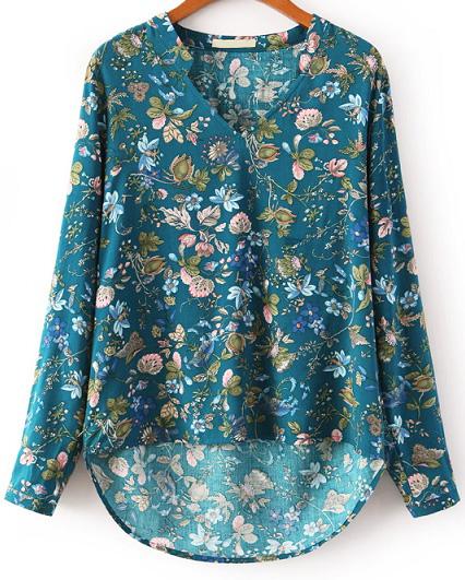 Romwe V Neck Floral Dipped Hem Blue Blouse