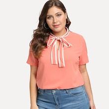 Romwe Plus Contrast Binding Tie Neck Blouse