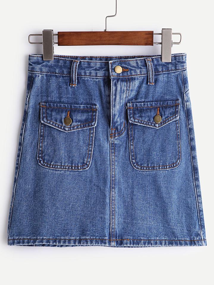 Romwe Dual Pockets A Line Denim Skirt