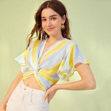 Romwe Stripe Print Twist Front Flutter Sleeve Blouse