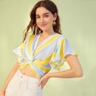 Romwe Stripe Print Twist Front Flutter Sleeve Blouse