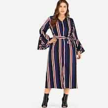 Romwe Plus Flounce Sleeve Striped Dress