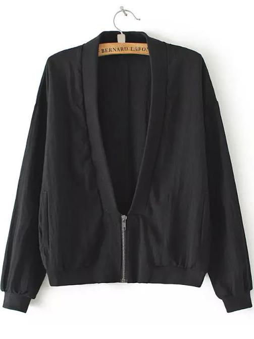 Romwe Deep V Neck Zipper Black Coat
