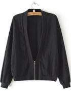 Romwe Deep V Neck Zipper Black Coat