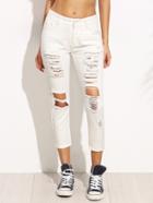 Romwe White Ripped Denim Skinny Jeans