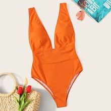 Romwe Low Back Plunge Neck One Piece Swimwear