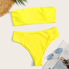 Romwe Neon Yellow Bandeau With High Waist Bikini Set