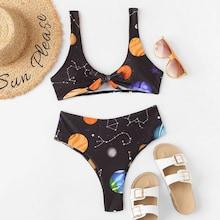 Romwe Random Galaxy Print Tie Front Bikini Set