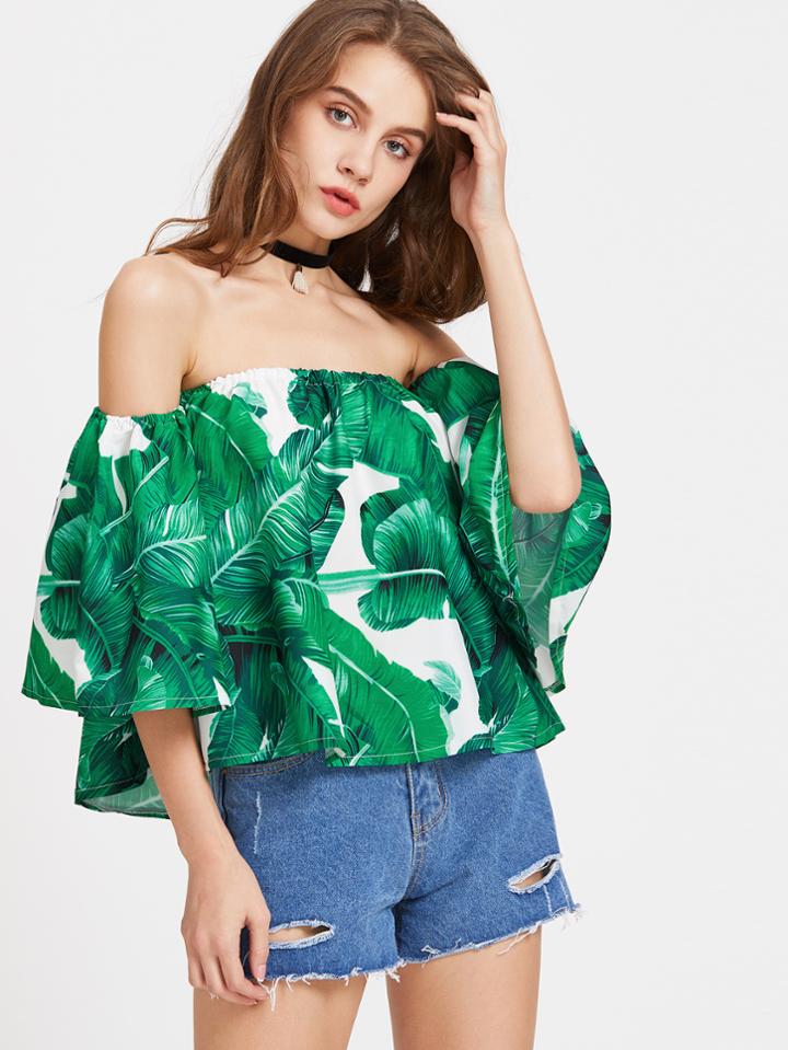 Romwe Palm Leaf Print Bardot Top
