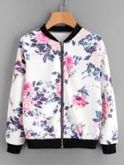 Romwe Floral Print Contrast Trim Zip Up Jacket