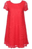 Romwe Floral Lace Short-sleeved Red Dress