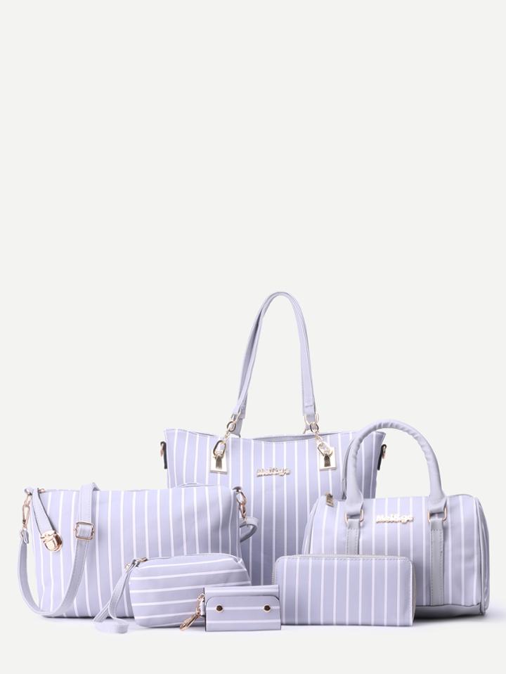 Romwe Grey Faux Leather Navy Stripe 6 Pieces Tote Bag Set