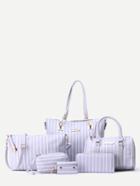 Romwe Grey Faux Leather Navy Stripe 6 Pieces Tote Bag Set