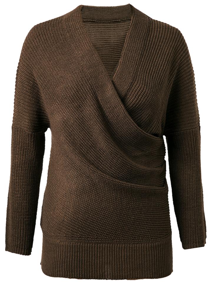 Romwe Brown Surplice Front Drop Shoulder Knit Sweater