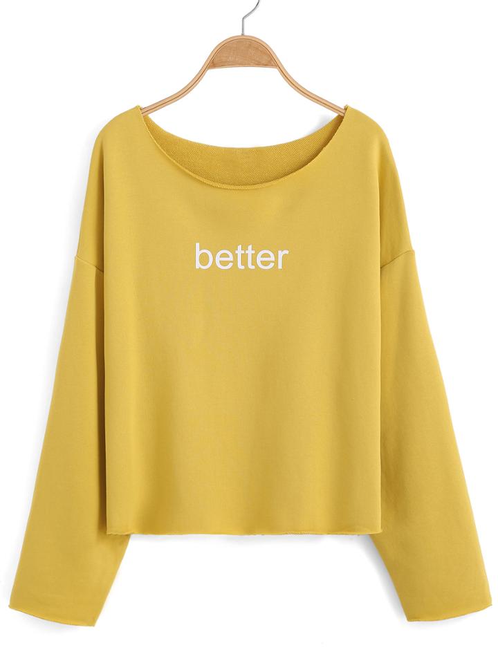 Romwe Long Sleeve Letter Print Yellow T-shirt