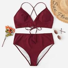 Romwe Plus Tie Back Top With High Waist Bikini Set