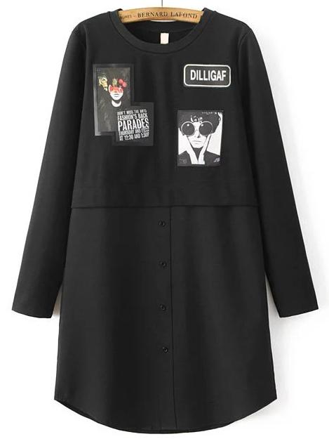 Romwe Black Single Breasted Curved Hem Shirt Dress
