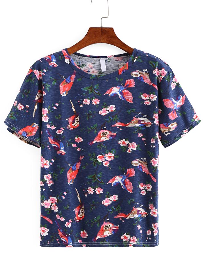 Romwe Flower & Bird Print T-shirt