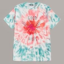 Romwe Guys Tie Dye Letter & Gesture Print Tee