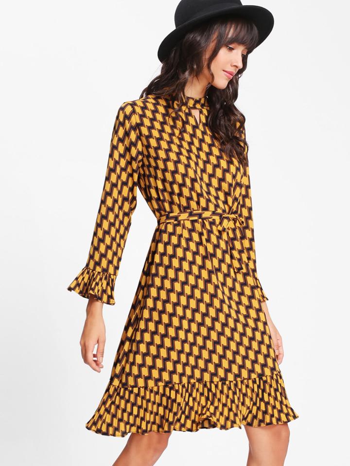 Romwe Ruffle Cuff And Hem Geo Dress