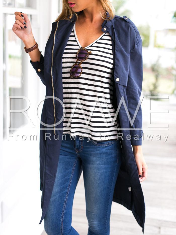 Romwe Navy Long Sleeve Pockets Trench Coat