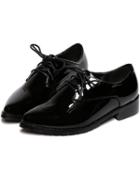 Romwe Black Point Toe Patent Leather Lace Up Flats