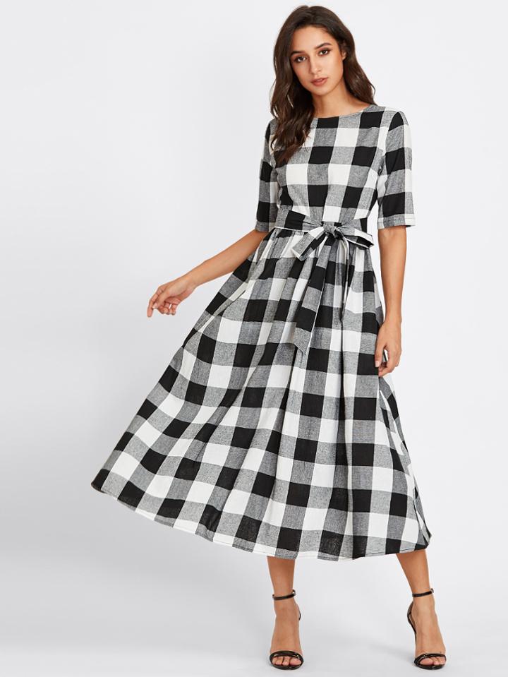 Romwe Buttoned Keyhole Self Tie Checkered Dress