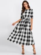 Romwe Buttoned Keyhole Self Tie Checkered Dress