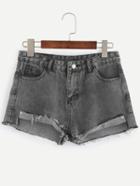 Romwe Grey Fold Over Raw Hem Denim Shorts