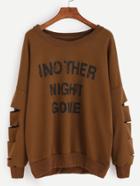 Romwe Brown Letter Print Drop Shoulder Cutout Sleeve Sweatshirt