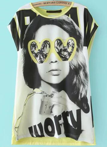 Romwe Yellow Short Sleeve Beauty Print Loose T-shirt
