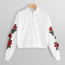 Romwe Floral Appliques Zip Front Sweatshirt