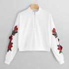 Romwe Floral Appliques Zip Front Sweatshirt