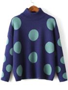 Romwe Turtleneck Polka Dot Blue Sweater