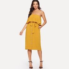 Romwe Single Breasted Tie Waist Solid Tube Dress