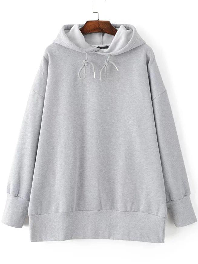 Romwe Grey Drop Shoulder Hooded Loose Sweatshirt