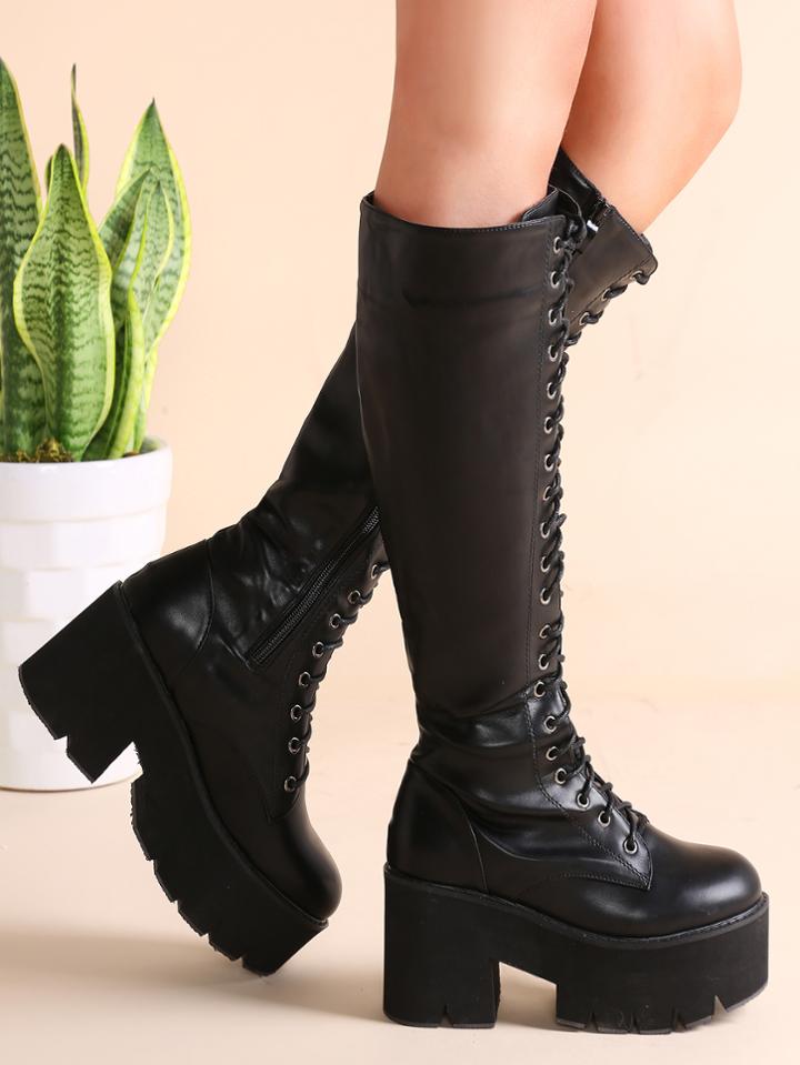 Romwe Black Faux Leather Lace Up Platform Zipper Knee Boots